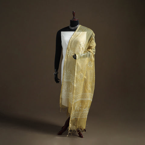 Yellow - Pipad Hand Block Print Natural Dyed Kota Doria Cotton Dupatta 32