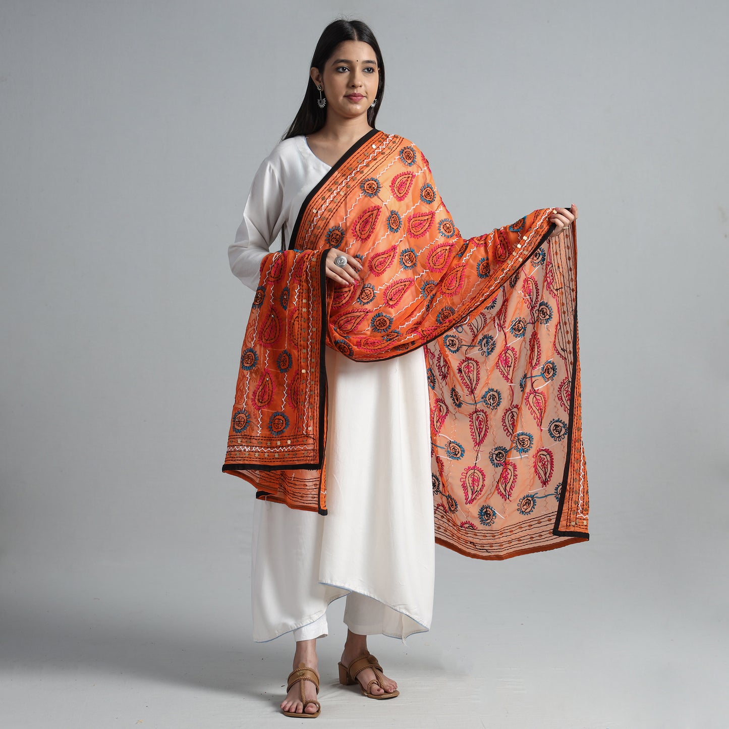 Orange - Ranihati Georgette Chapa Work Phulkari Embroidered Dupatta 72