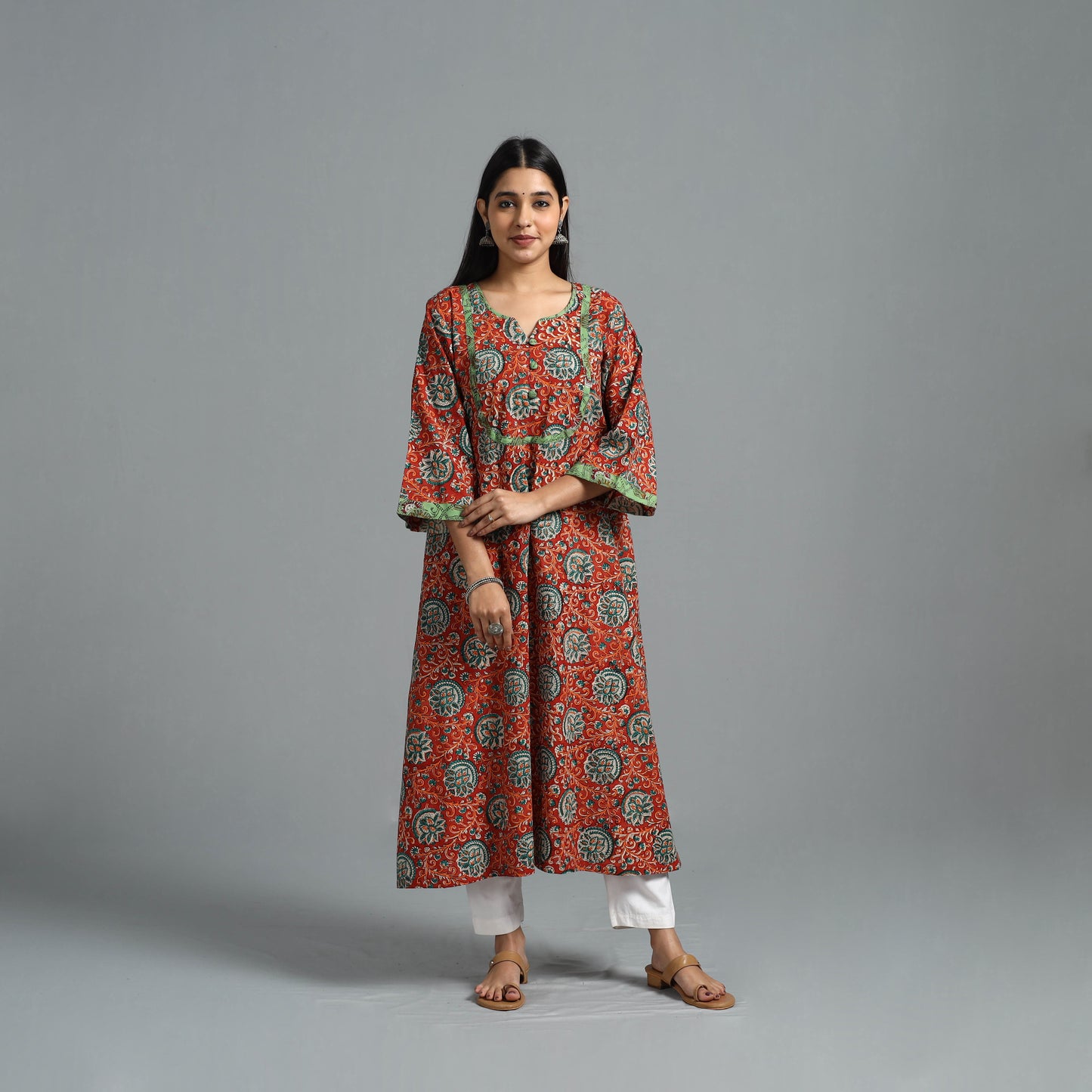 Red - Block Printed Cotton A-Line Bagru Kurta 12