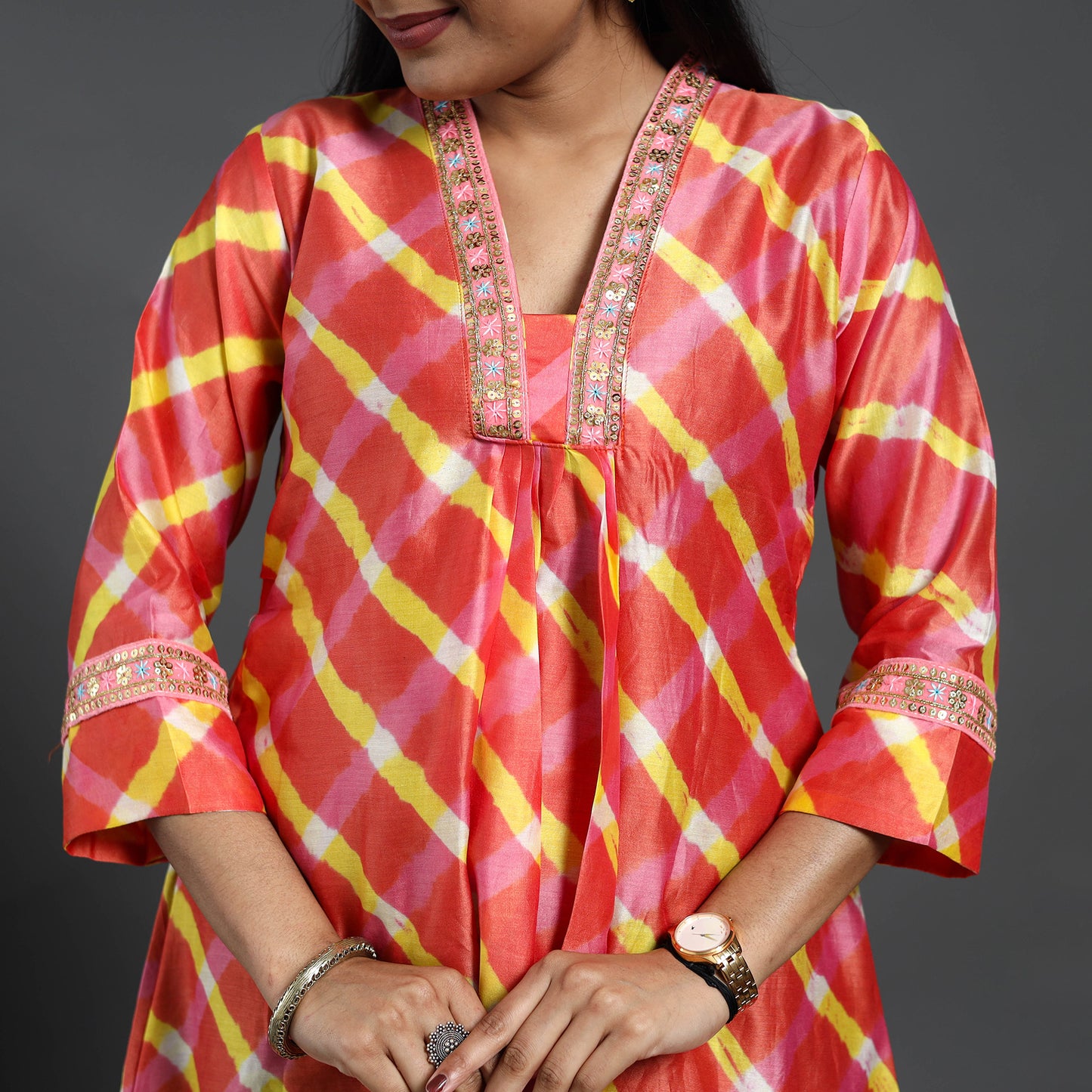 Chanderi Silk A-Line Lacework Tie-Dye Leheriya Kurta 15