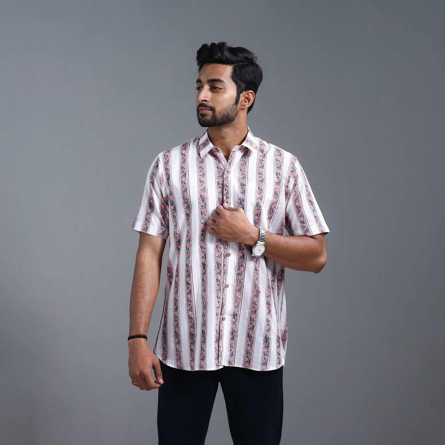 White - Sanganeri Block Printed Cotton Men Half Sleeve Shirt 12