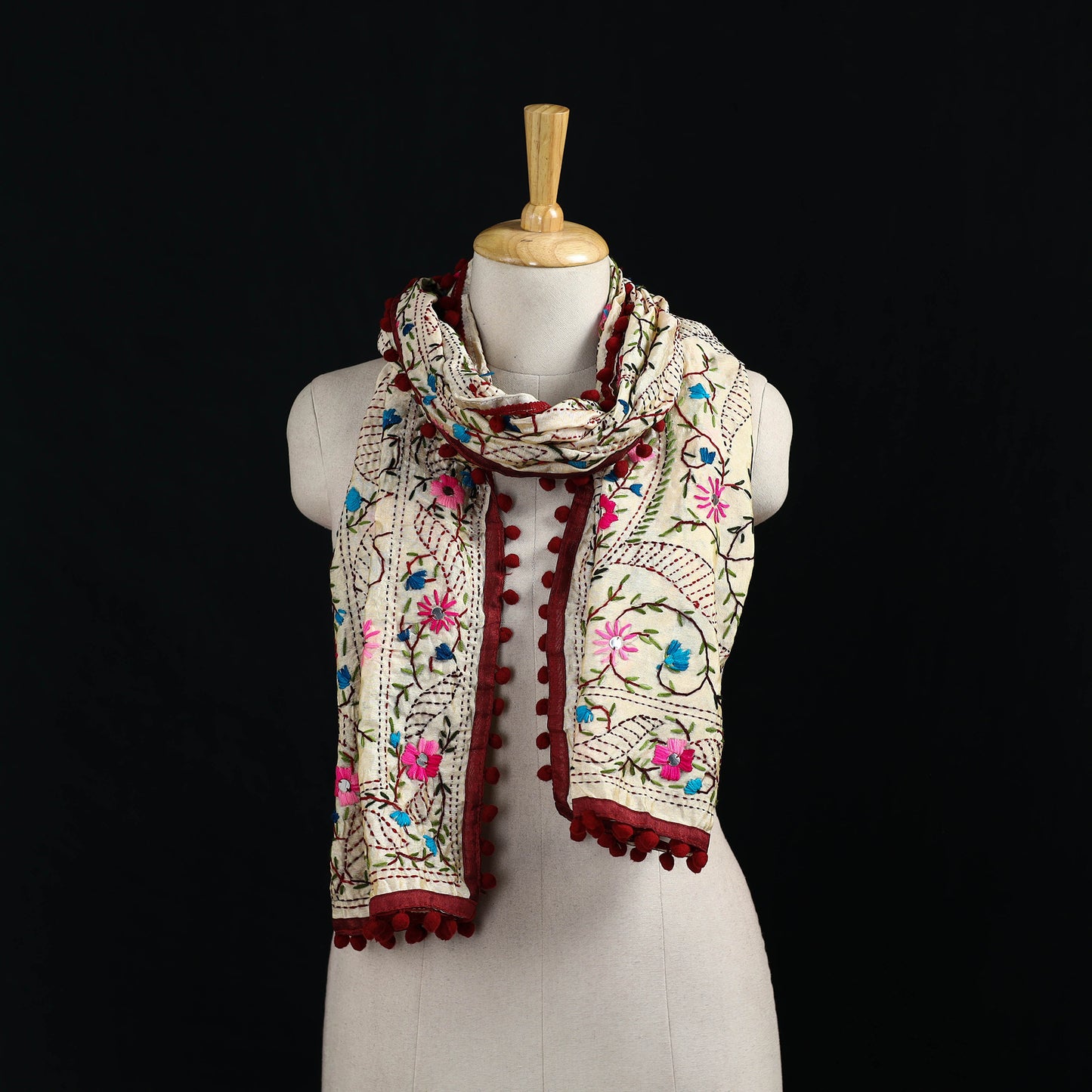 Ranihati Chanderi Silk Hand Embroidered Stole with Pom Pom 157