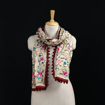 Ranihati Chanderi Silk Hand Embroidered Stole with Pom Pom 157