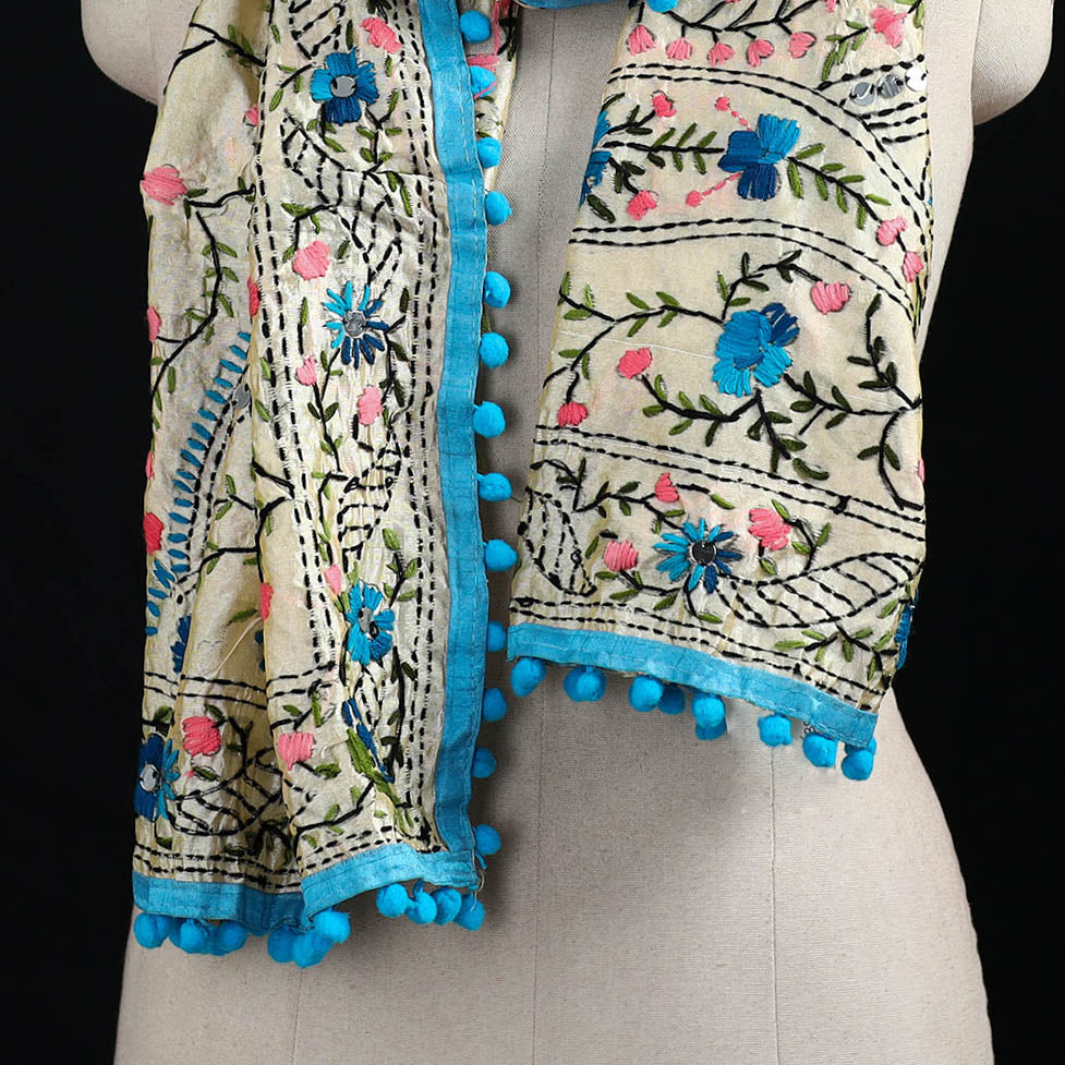 Ranihati Chanderi Silk Hand Embroidered Stole with Pom Pom 158