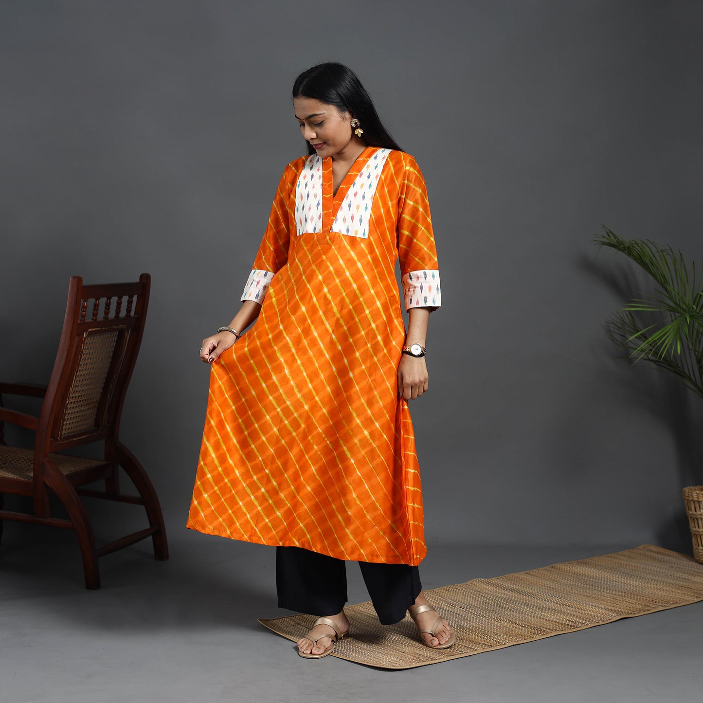 Chanderi Silk A-Line Patchwork Tie-Dye Leheriya Kurta 02