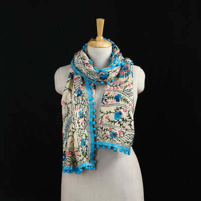 Ranihati Chanderi Silk Hand Embroidered Stole with Pom Pom 158