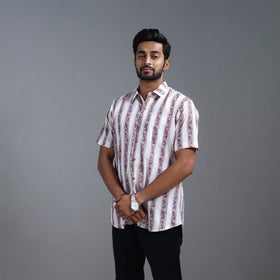 Buy White Sanganeri Block Printed Cotton Men Half Sleeve Shirt 