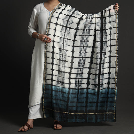 Black - Exclusive!! Handloom Shibori Tie-Dye Chanderi Silk Dupatta with Zari Border