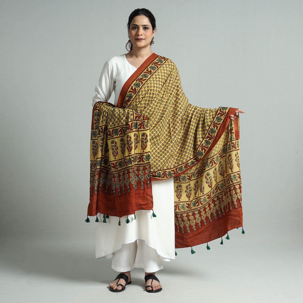 Yellow - Hand Block Printed Cotton Ajrakh Dupatta 19