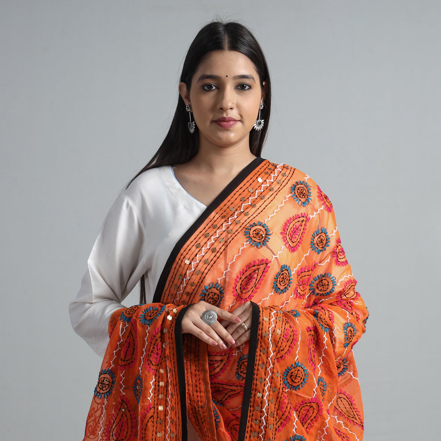 Orange - Ranihati Georgette Chapa Work Phulkari Embroidered Dupatta 72