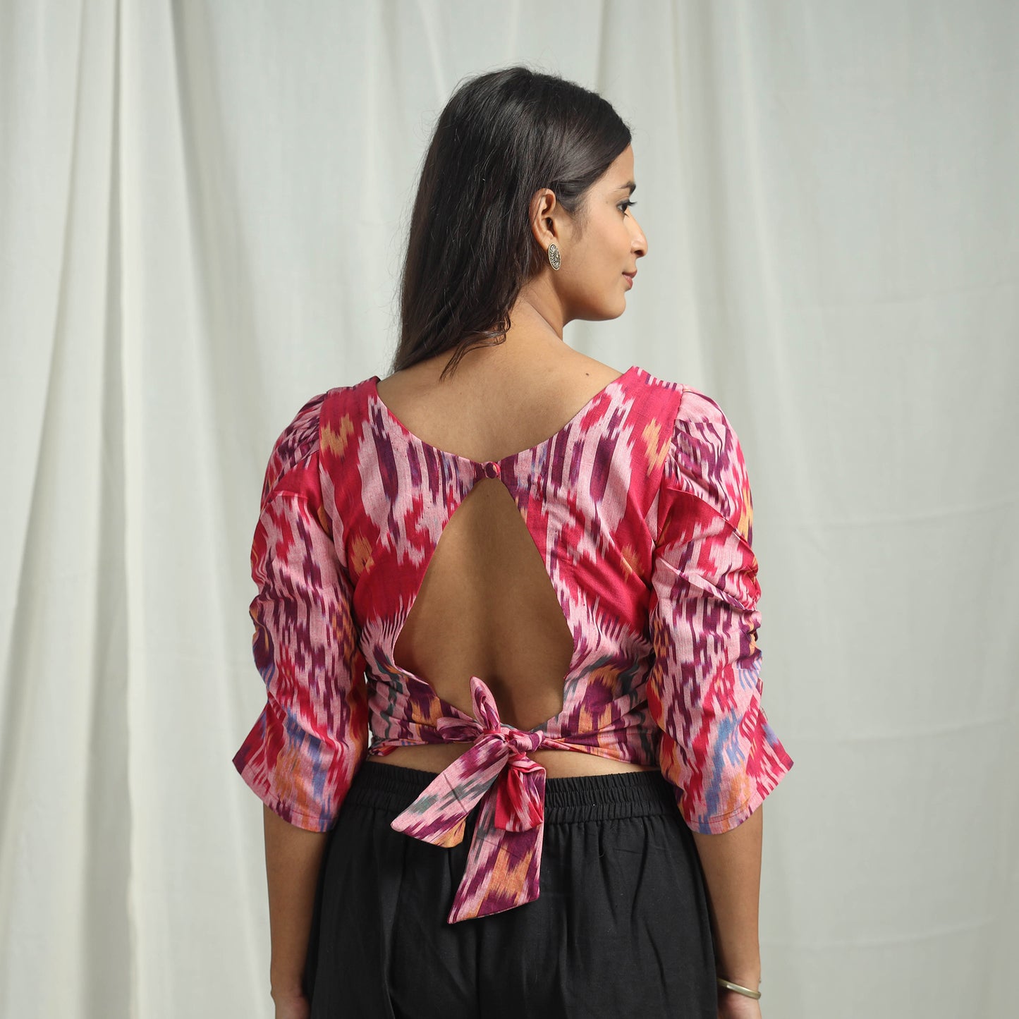 Pink - Handloom Cotton Central Asian Pochampally Ikat Crop Top 08