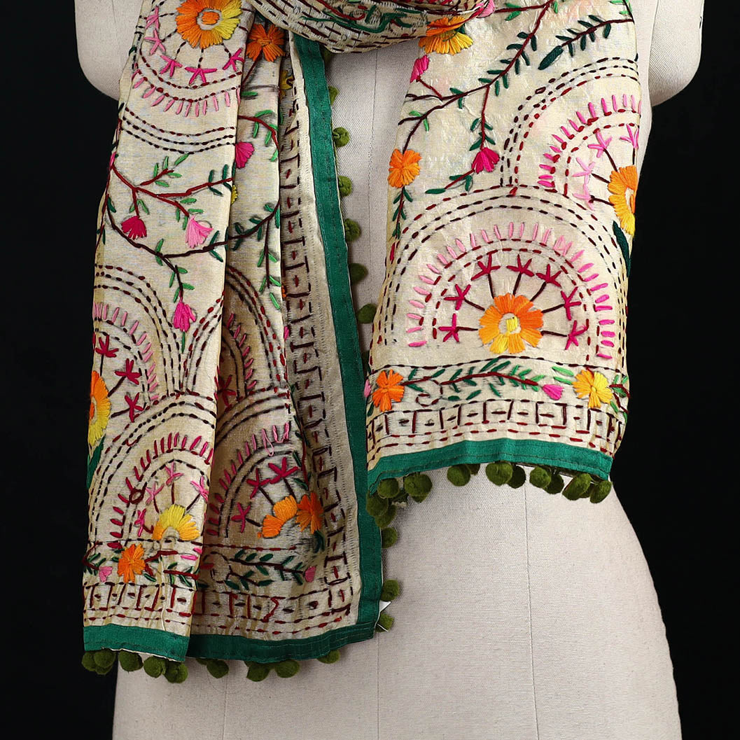 Ranihati Chanderi Silk Hand Embroidered Stole with Pom Pom 159