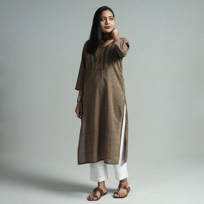 Brown - Dharwad Cotton Straight Kurta with Ajrakh Patchwork