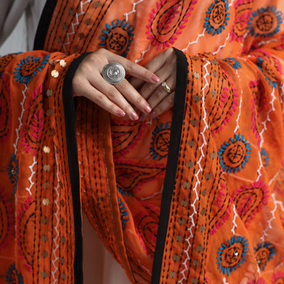 Orange - Ranihati Georgette Chapa Work Phulkari Embroidered Dupatta 72