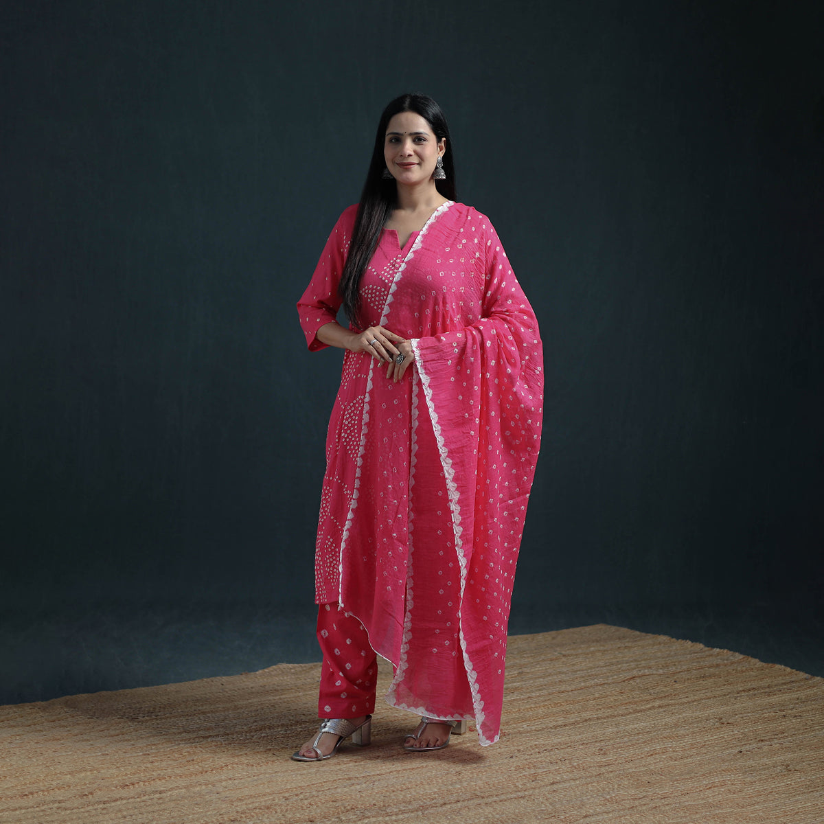 Bandhani Tie-Dye Cotton Suit Set with Dupatta for Women 14