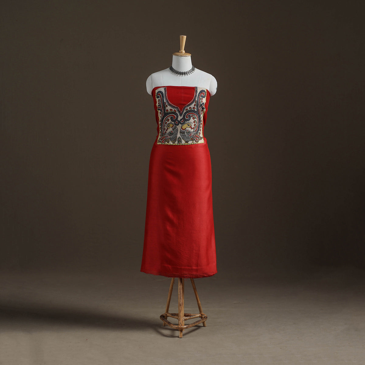 Red - Handpainted Srikalahasti Handloom Chanderi Silk Unstitched Kurta (2.3M) 03
