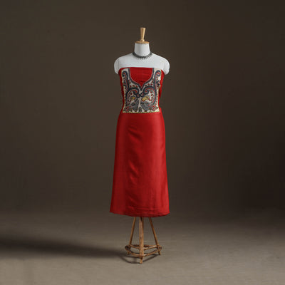 Red - Handpainted Srikalahasti Handloom Chanderi Silk Unstitched Kurta (2.3M) 03