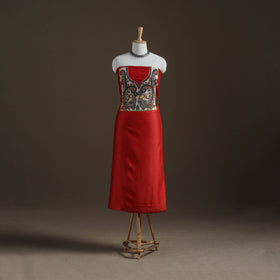 Red - Handpainted Srikalahasti Handloom Chanderi Silk Unstitched Kurta (2.3M) 03