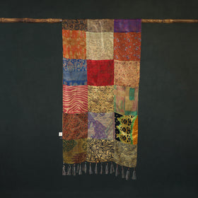 Pure Silk Reversible Patchwork Stole with Tassels 05