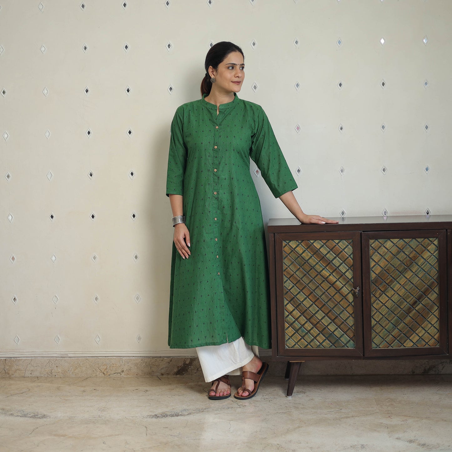 Green - Jacquard Cotton A-Line Kurta 20