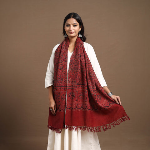 Red - Kutch Handwoven Ajrakh Print Pure Wool Stole 25