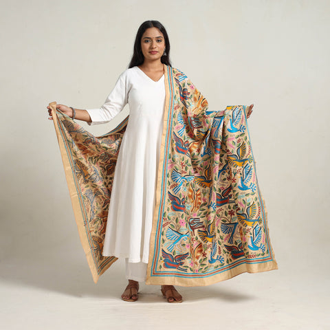 Beige - Bengal Handloom Silk Kantha Embroidery Dupatta 09