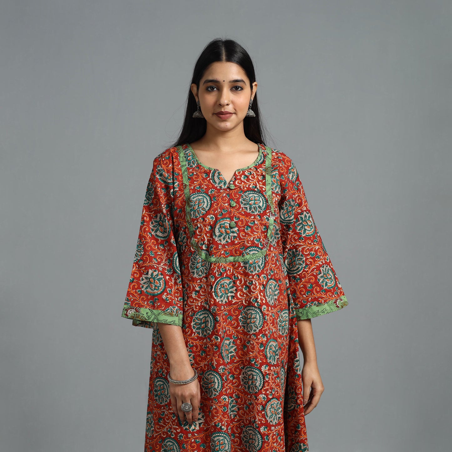 Red - Block Printed Cotton A-Line Bagru Kurta 12