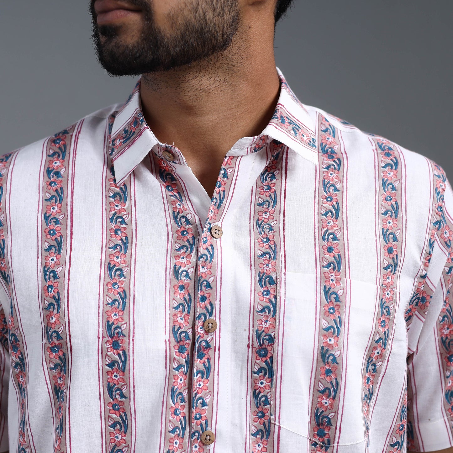 White - Sanganeri Block Printed Cotton Men Half Sleeve Shirt 12