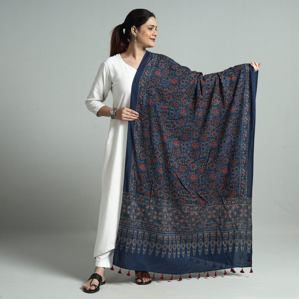 Blue - Hand Block Printed Cotton Ajrakh Dupatta 20