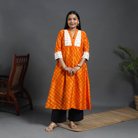 Orange - chanderi silk a-line patchwork tie-dye leheriya