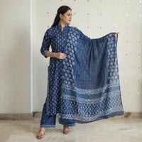 Blue - Hand Block Print Indigo Bagru Cotton Suit Set 02