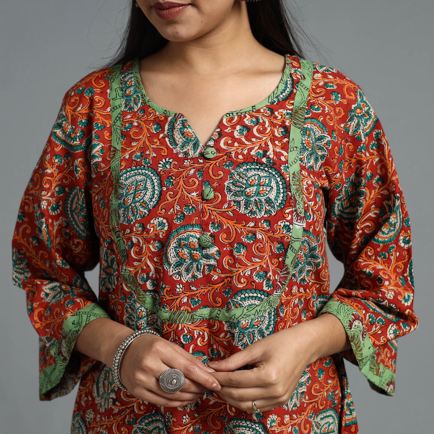 Red - Block Printed Cotton A-Line Bagru Kurta 12