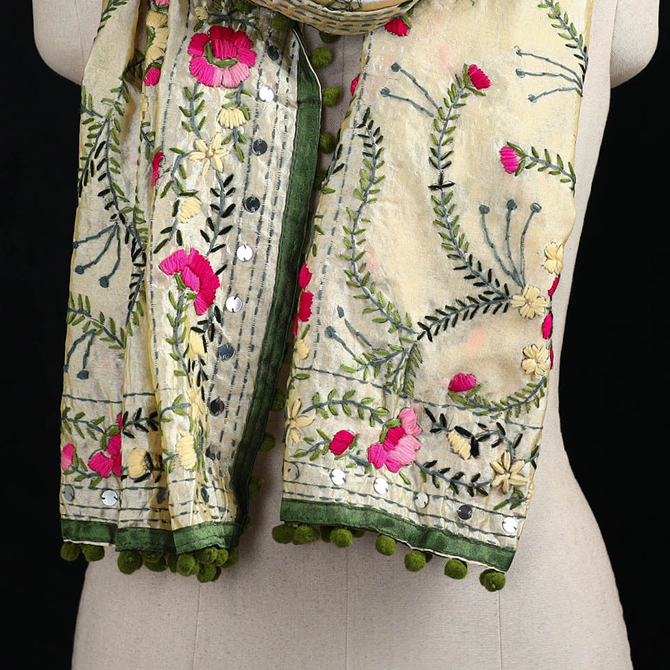 Ranihati Chanderi Silk Hand Embroidered Stole with Pom Pom 161
