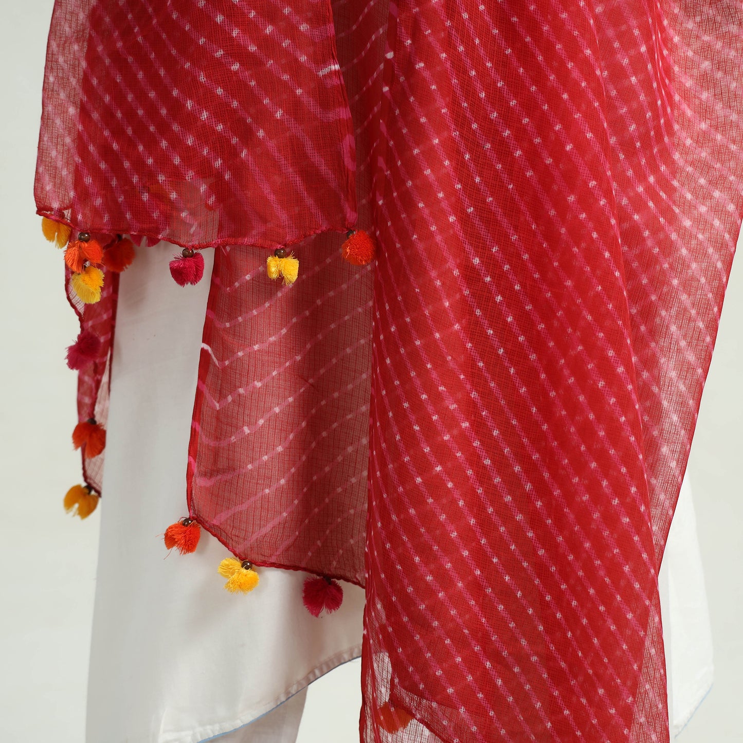 Red - Leheriya Tie-Dye Mothra Kota Doria Cotton Dupatta with Tassels 29