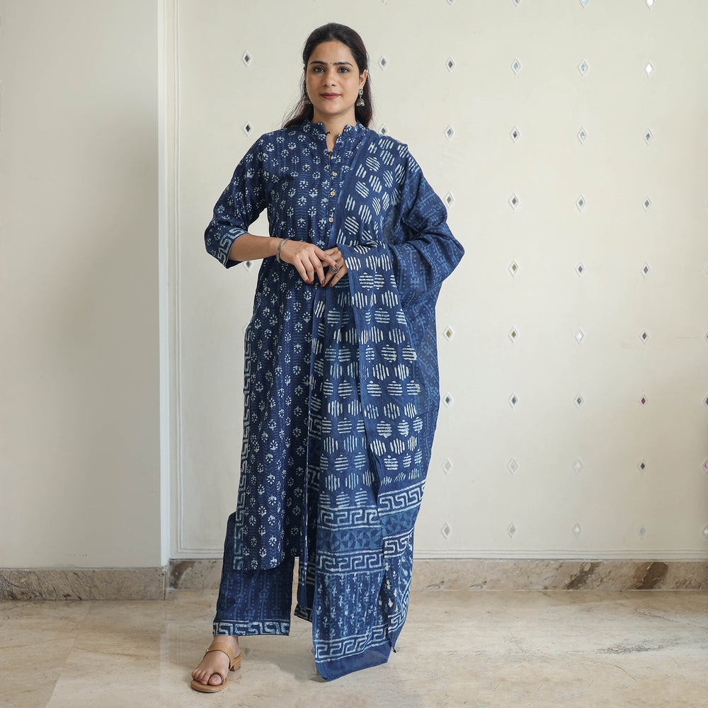 Blue - Hand Block Print Indigo Bagru Cotton Suit Set 02