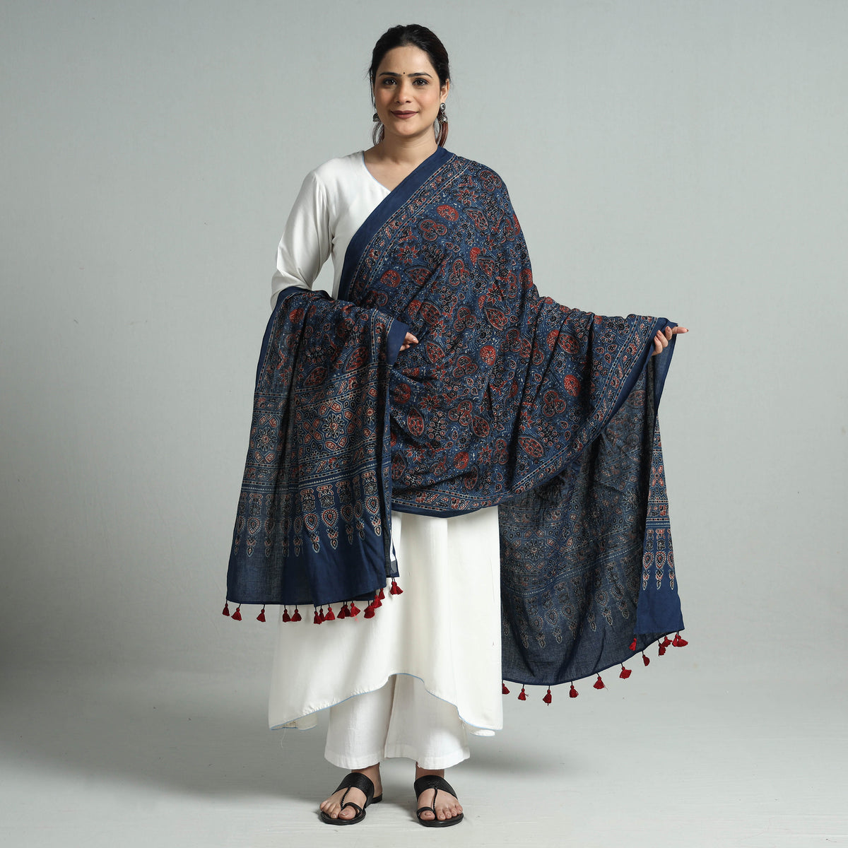 Blue - Hand Block Printed Cotton Ajrakh Dupatta 20