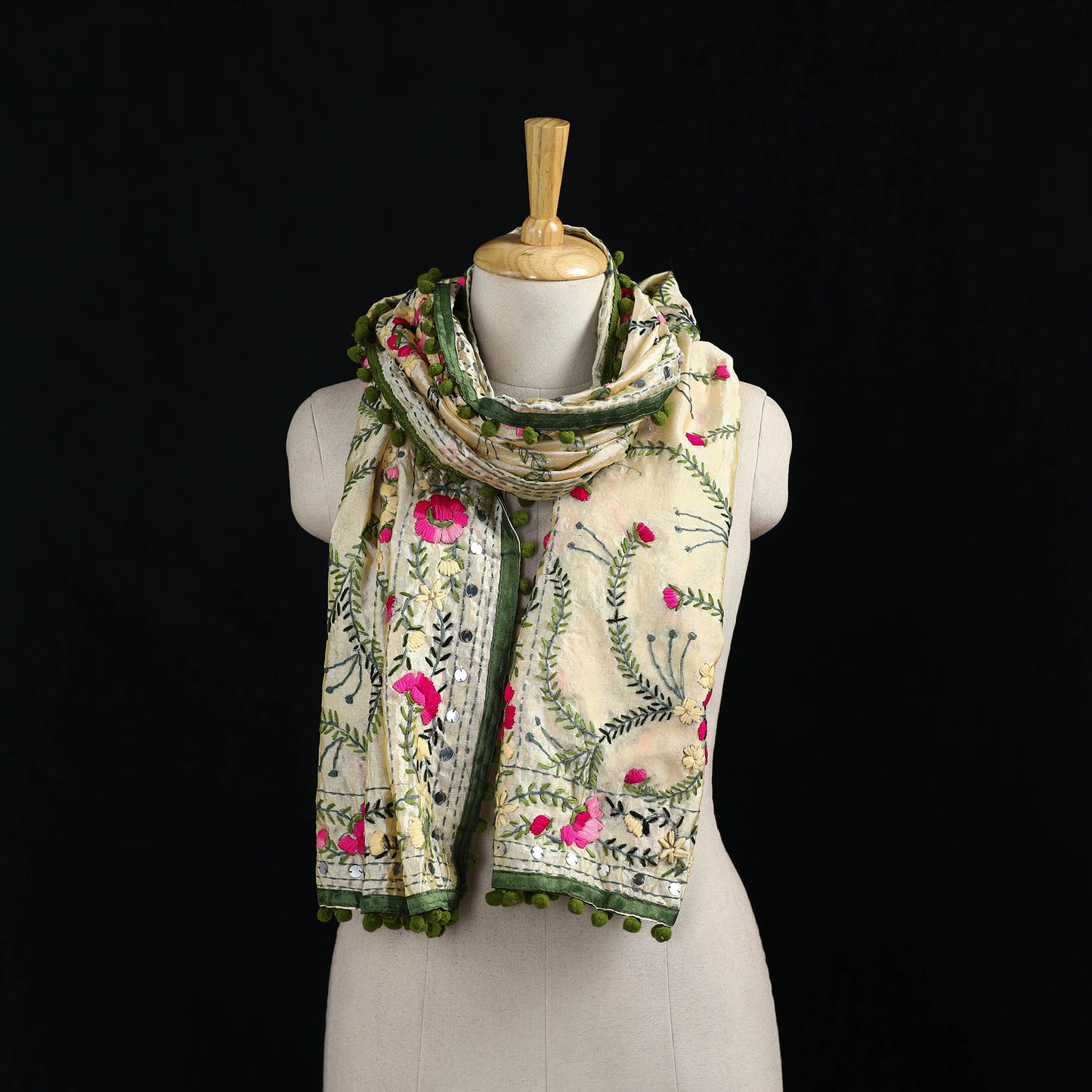Ranihati Chanderi Silk Hand Embroidered Stole with Pom Pom 170