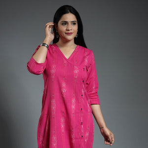 Dark Pink - Pochampally Ikat Weave Cotton Long Kurta