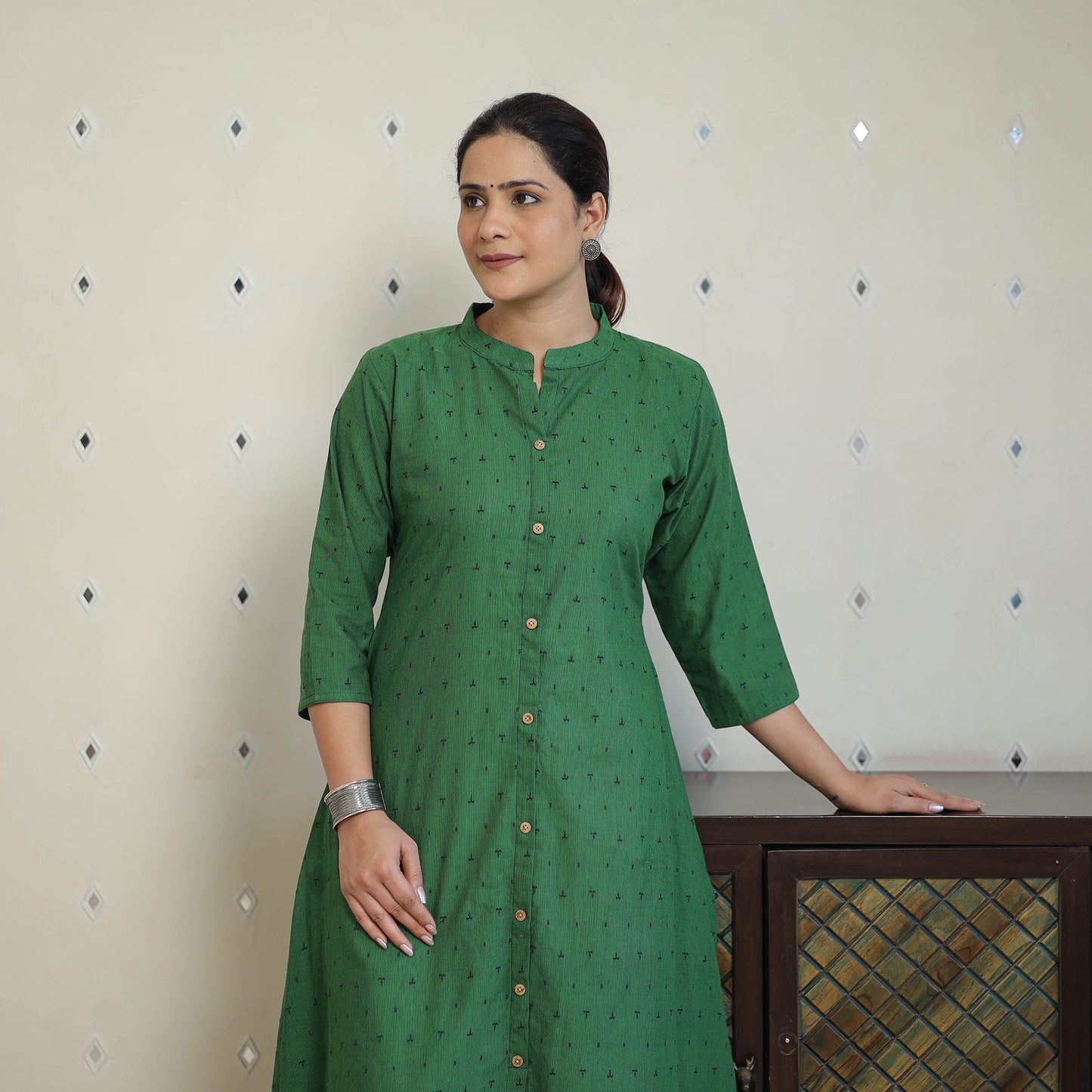 Green - Jacquard Cotton A-Line Kurta 20