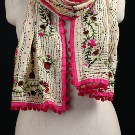 Ranihati Chanderi Silk Hand Embroidered Stole with Pom Pom 162