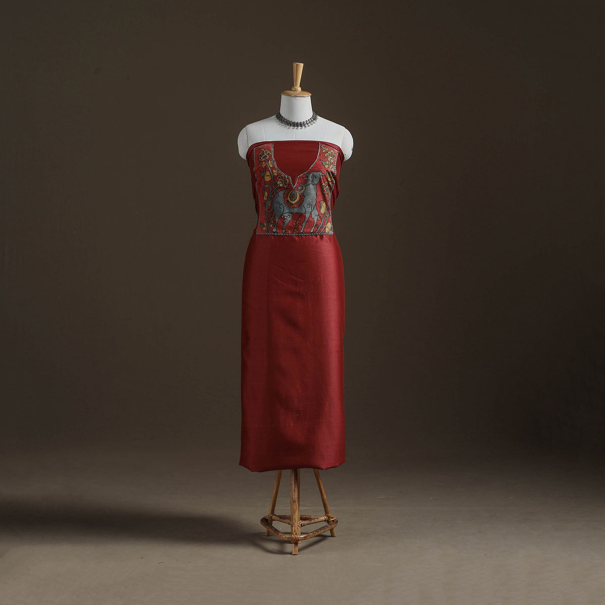 Red - Handpainted Srikalahasti Handloom Chanderi Silk Unstitched Kurta (2.3M) 04