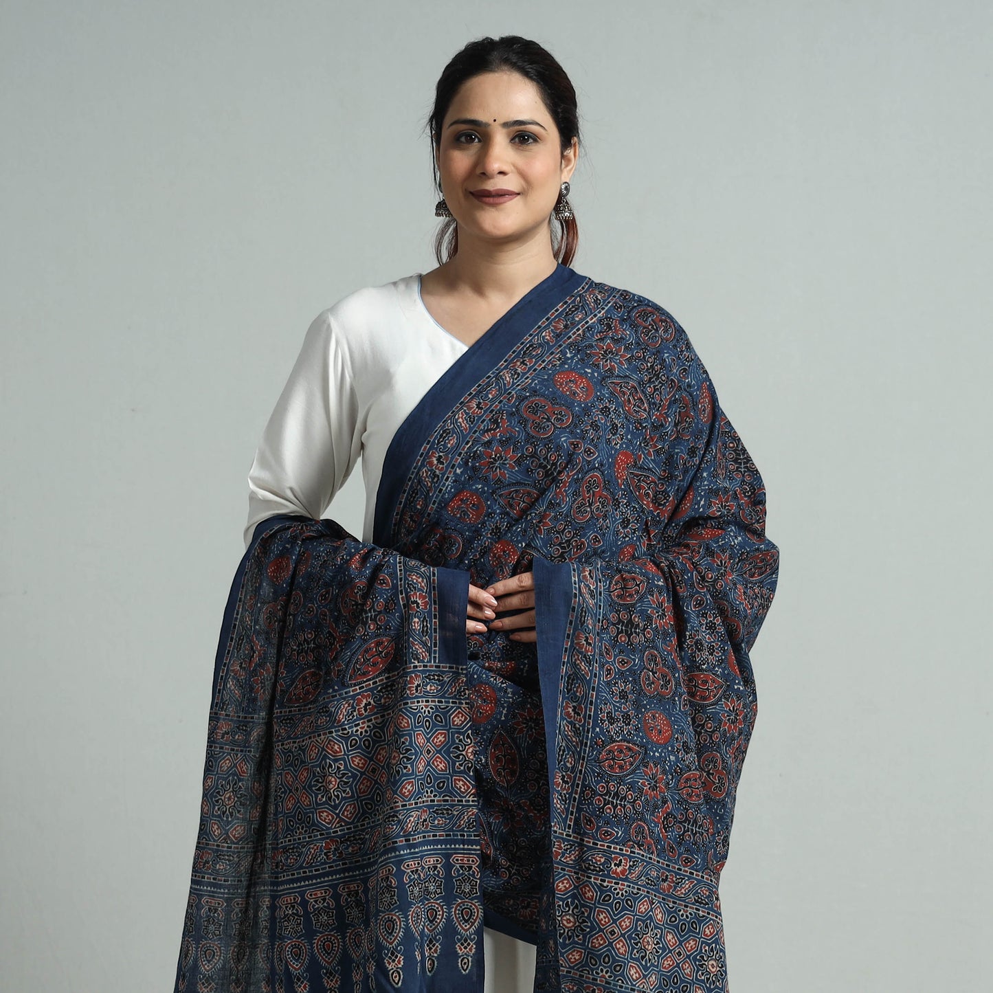 Blue - Hand Block Printed Cotton Ajrakh Dupatta 20