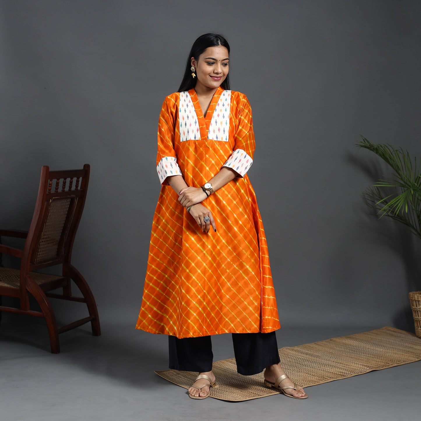 Chanderi Silk A-Line Patchwork Tie-Dye Leheriya Kurta 02