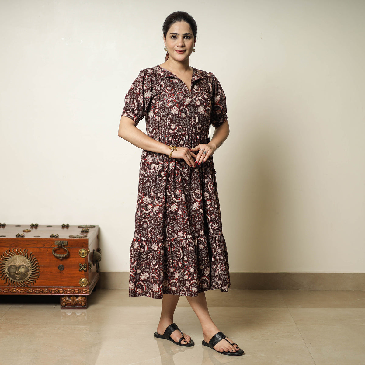 Maroon - Bagru Block Printed Cotton Tiered Dress 15