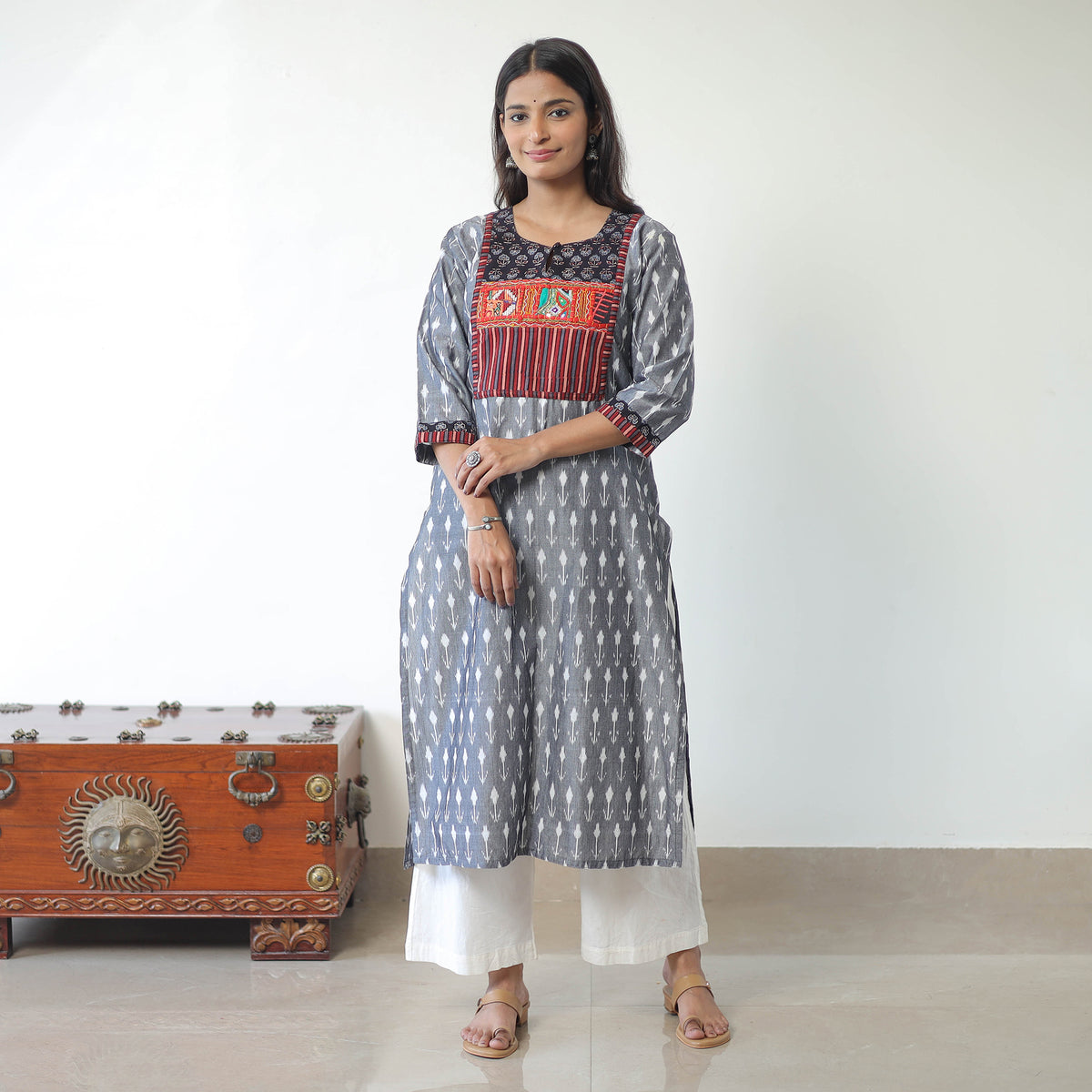 Grey - Mercerised Cotton Pochampally Ikat Kurta (Straight) 06