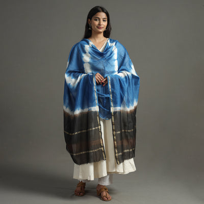 Blue - Shibori Tie-Dye Handloom Chanderi Silk Dupatta with Zari Border 49