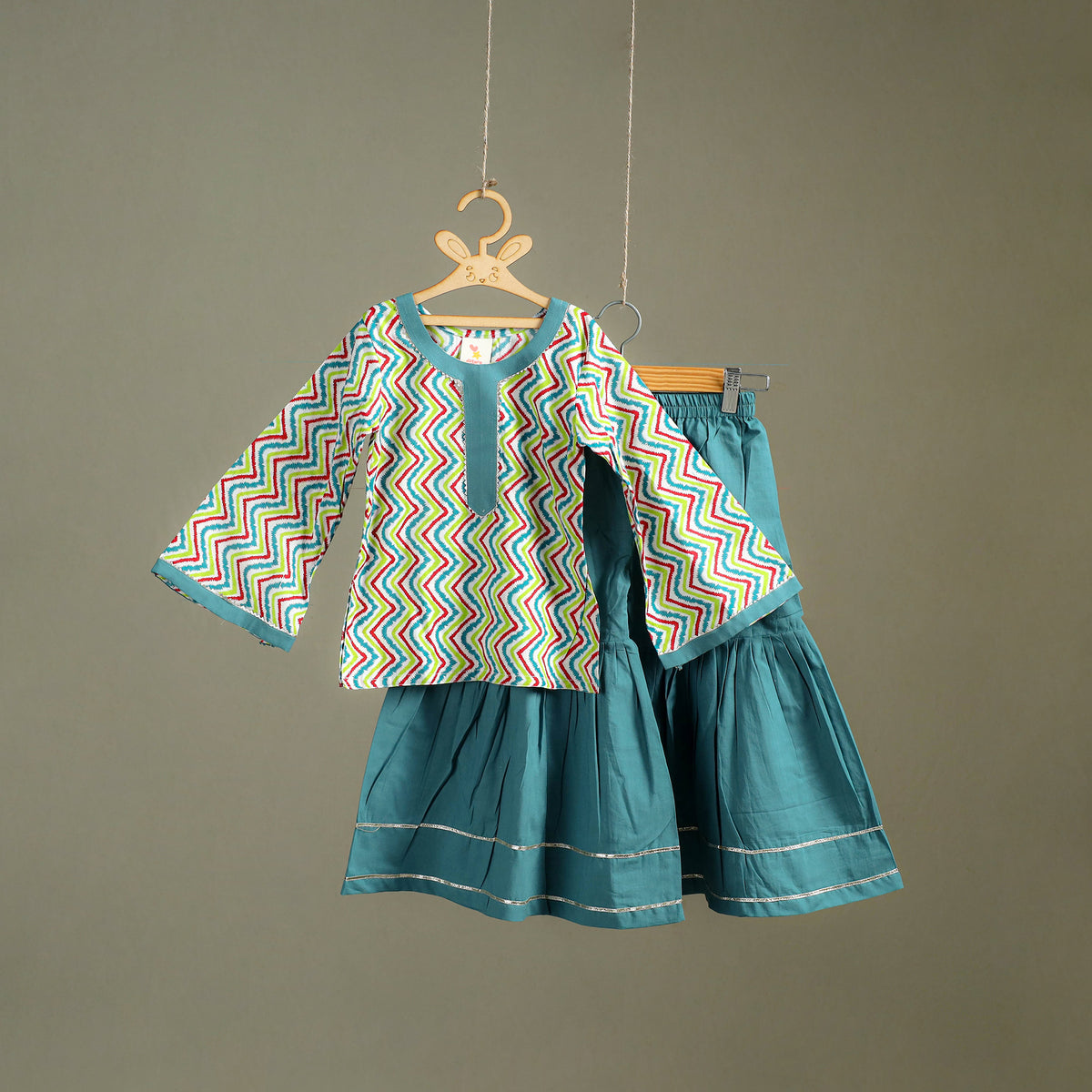 Girls Gota Work Floral Block Print Cotton Kurta with Sharara Set (3-4 Years) 37