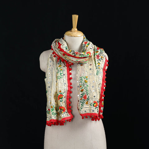 Ranihati Chanderi Silk Hand Embroidered Stole with Pom Pom 163