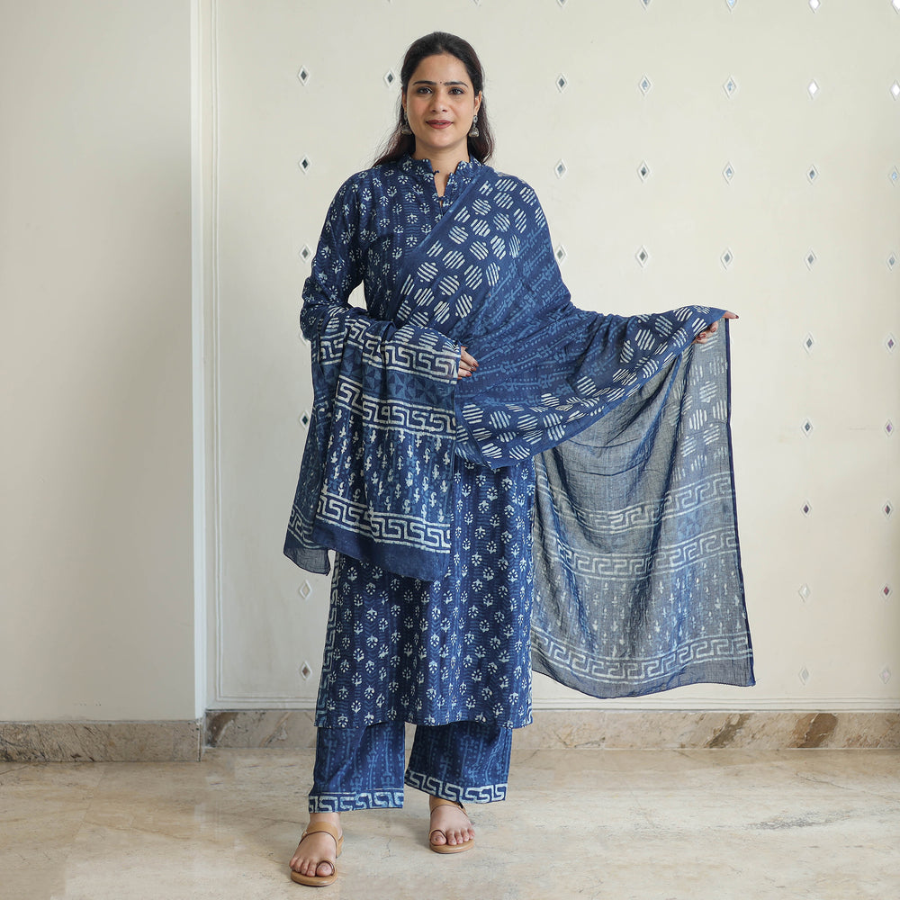 Blue - Hand Block Print Indigo Bagru Cotton Suit Set 02