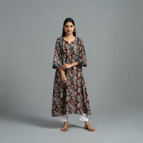 Brown - Block Printed Cotton A-Line Bagru Kurta 14